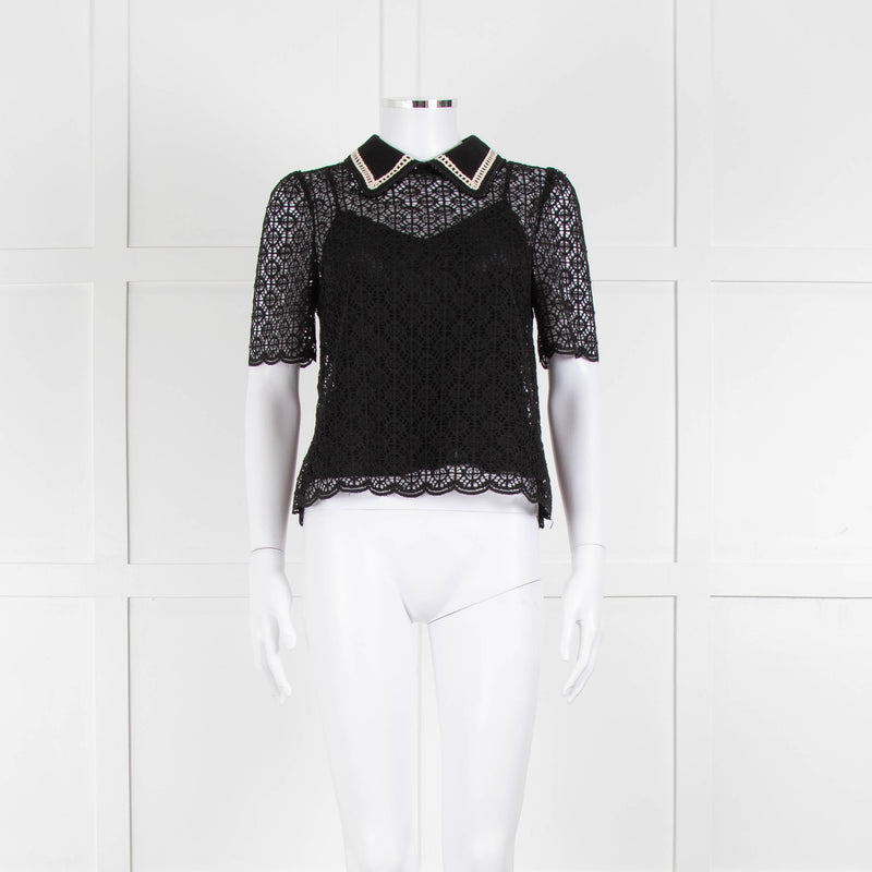 ME + EM Black Lace Bead Trim Collar Top With Vest