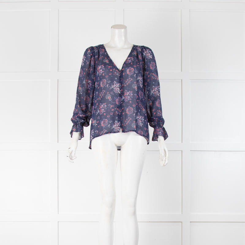 Joie Dark Blue Floral Button Front Sheer Blouse