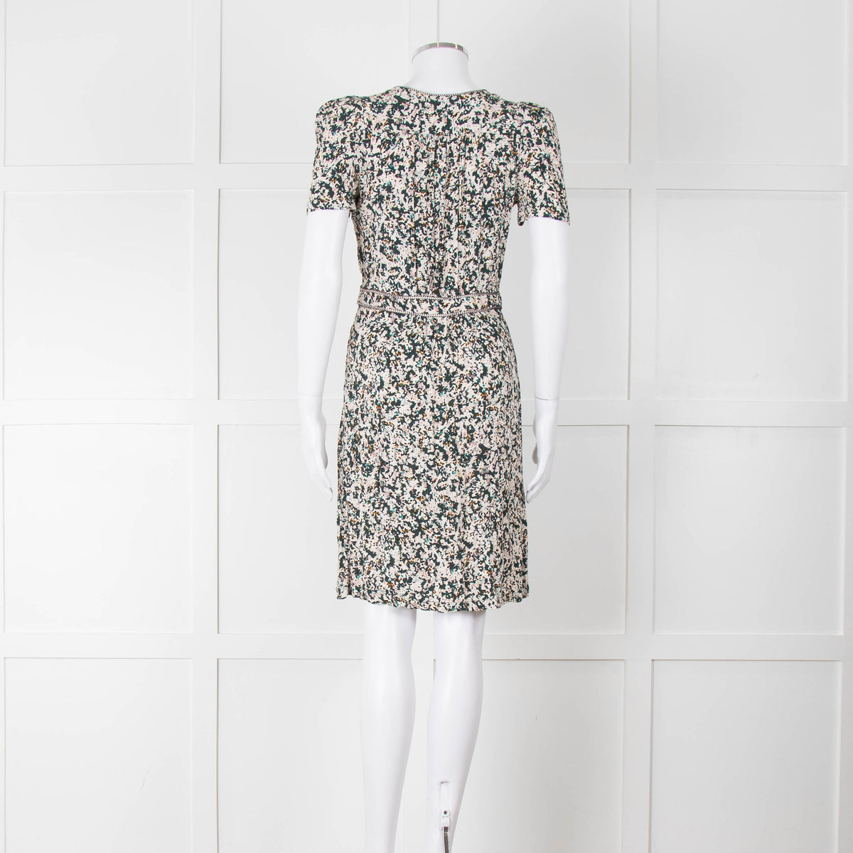 Sessun Cream Dark Green Pink Pattern Knee Length Dress