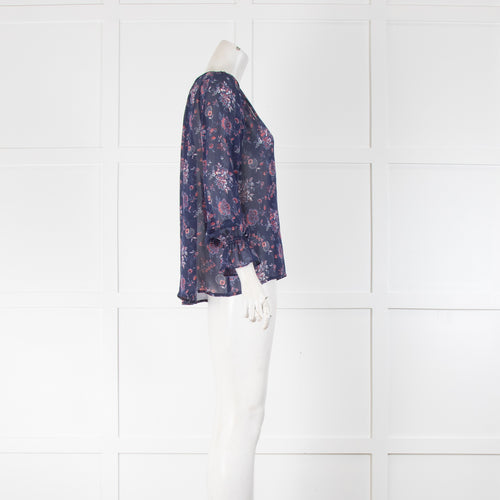 Joie Dark Blue Floral Button Front Sheer Blouse