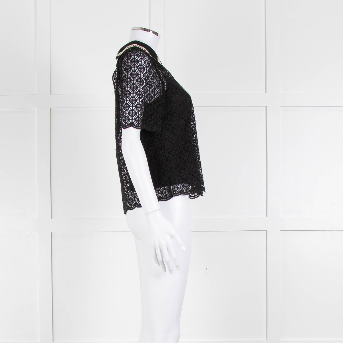 ME + EM Black Lace Bead Trim Collar Top With Vest