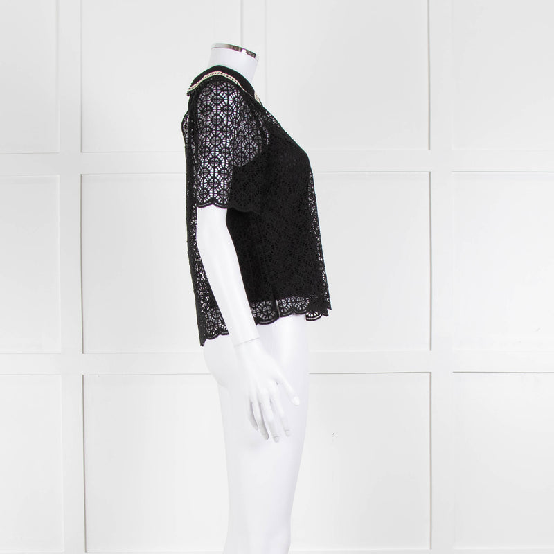ME + EM Black Lace Bead Trim Collar Top With Vest