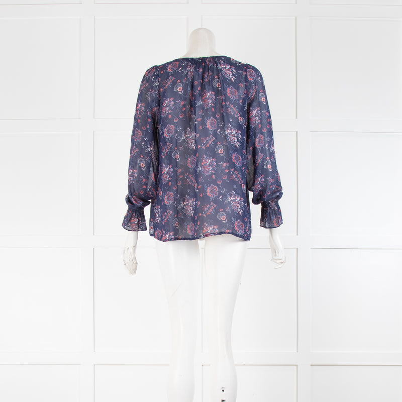 Joie Dark Blue Floral Button Front Sheer Blouse