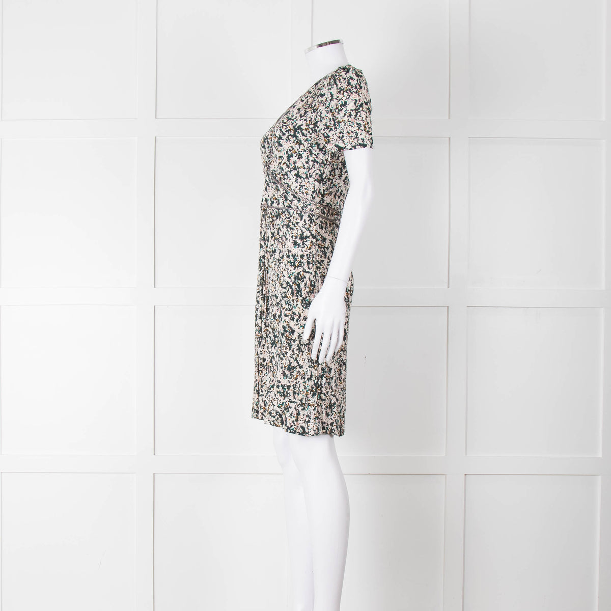 Sessun Cream Dark Green Pink Pattern Knee Length Dress