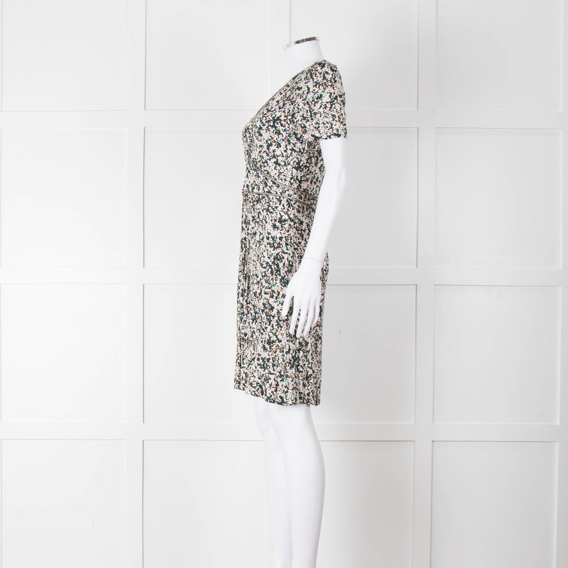 Sessun Cream Dark Green Pink Pattern Knee Length Dress