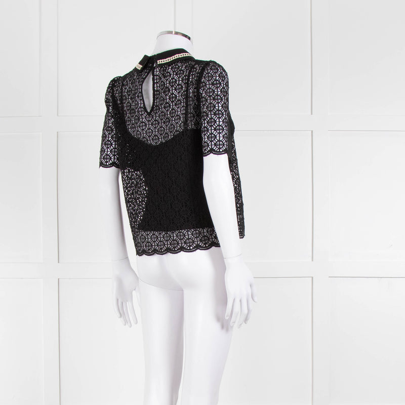ME + EM Black Lace Bead Trim Collar Top With Vest