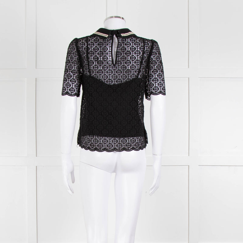 ME + EM Black Lace Bead Trim Collar Top With Vest