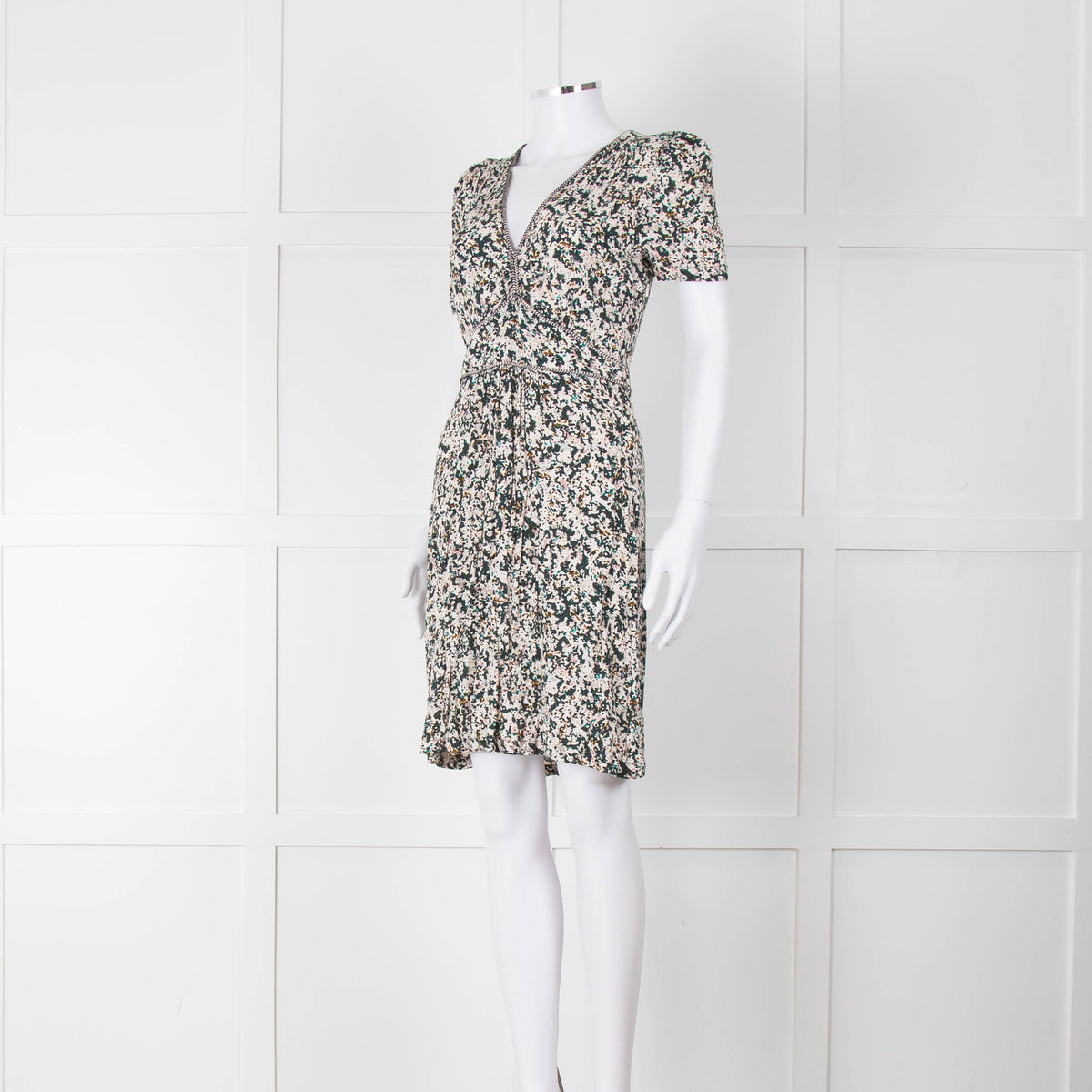 Sessun Cream Dark Green Pink Pattern Knee Length Dress
