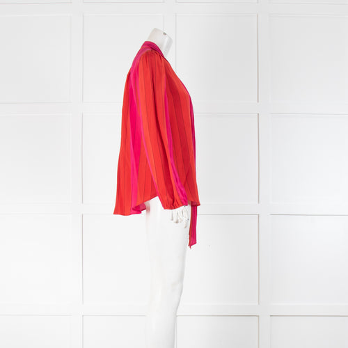Rixo Pink and Red Stripe Tie Neck Blouse
