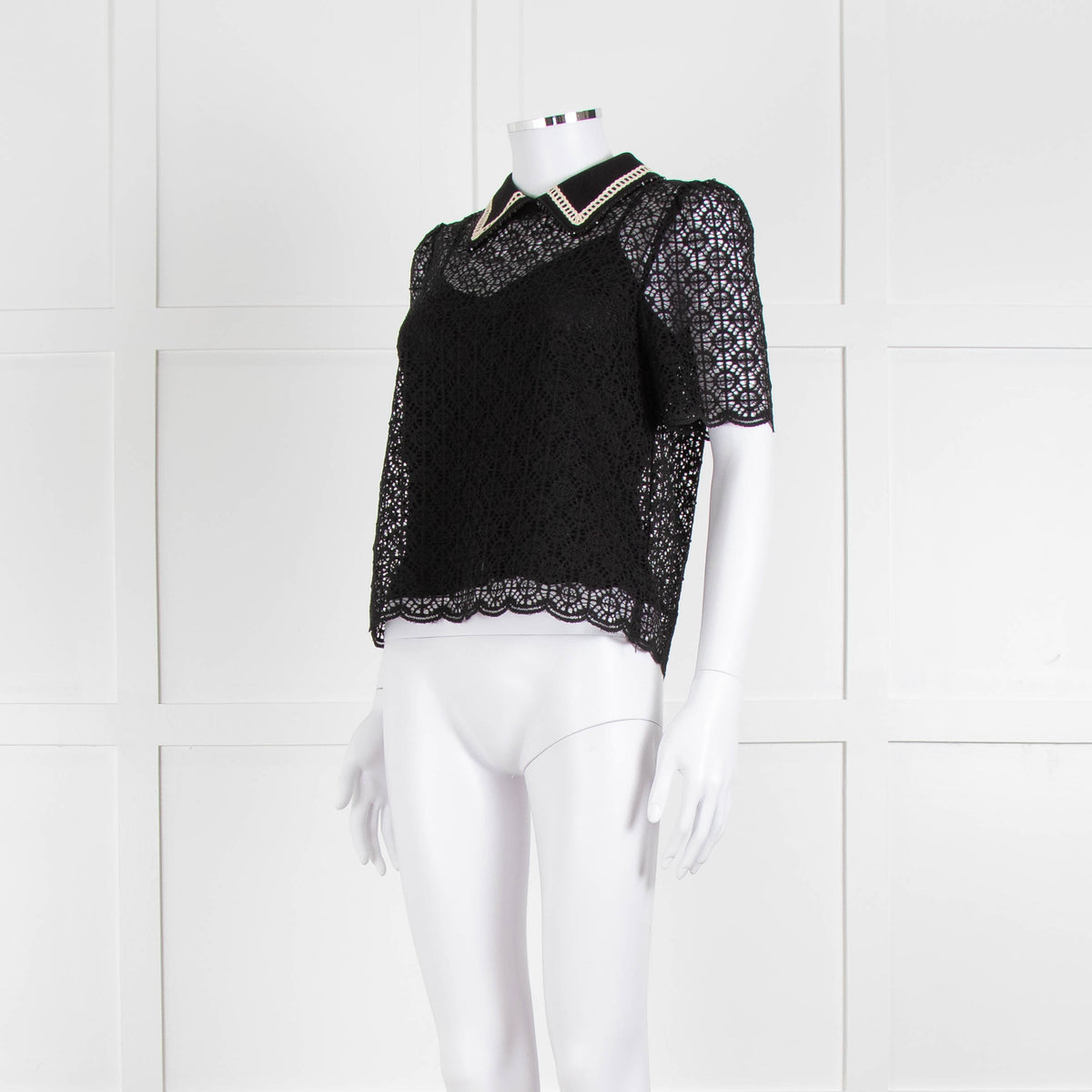 ME + EM Black Lace Bead Trim Collar Top With Vest