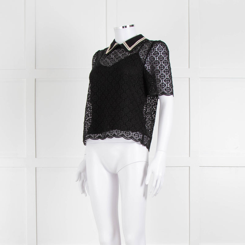 ME + EM Black Lace Bead Trim Collar Top With Vest