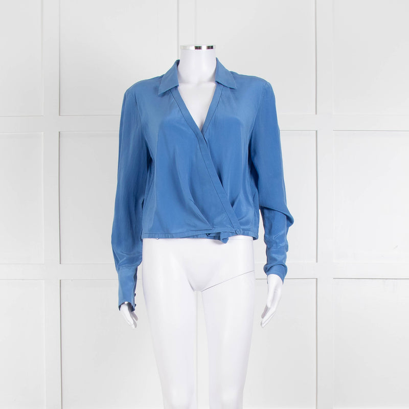 Diane Von Furstenberg Blue Silk Wrap Long Sleeve Top