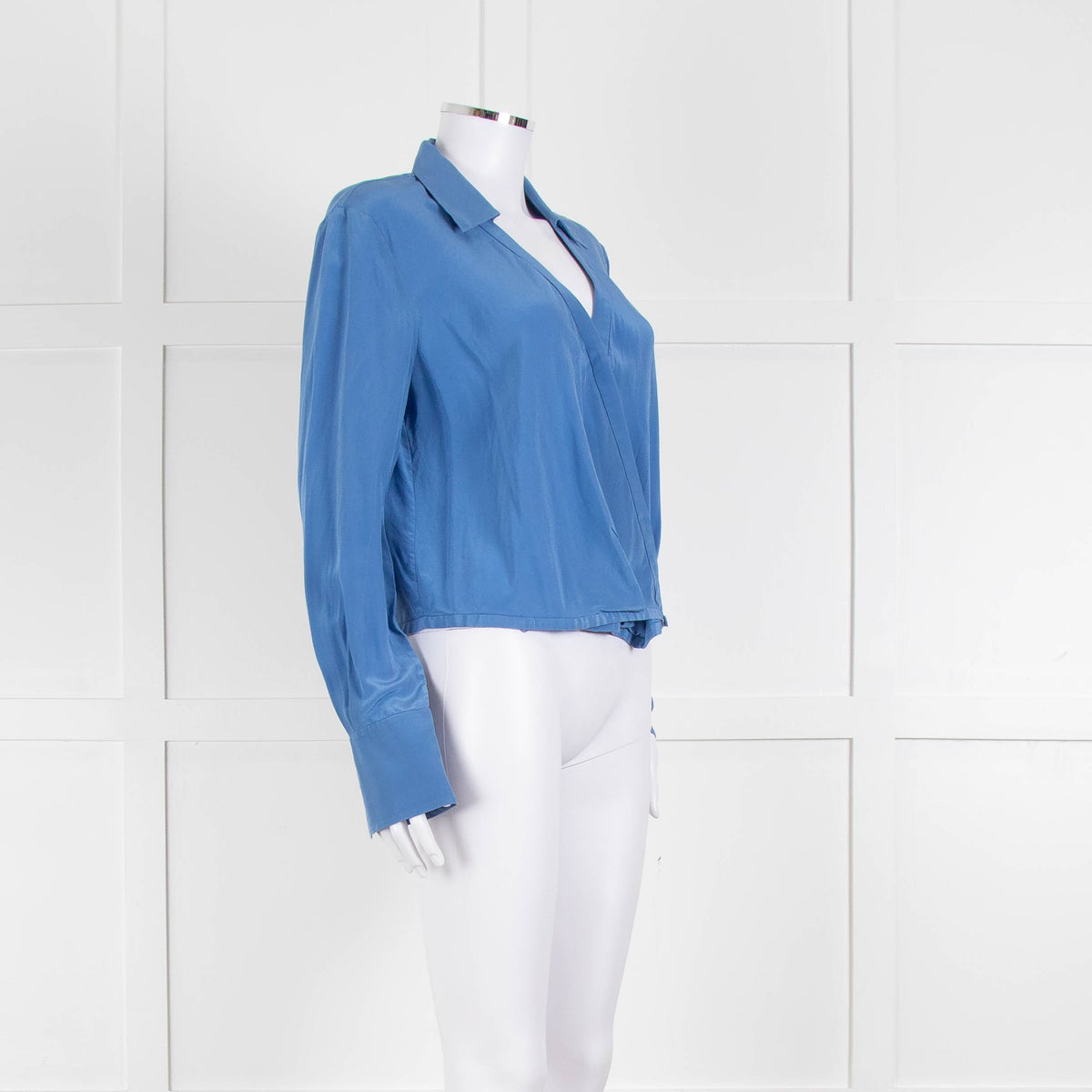 Diane Von Furstenberg Blue Silk Wrap Long Sleeve Top