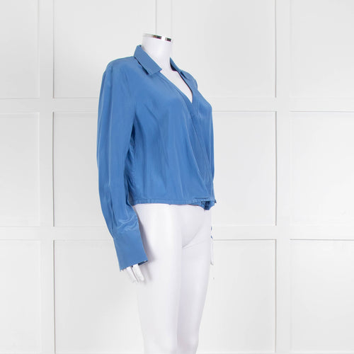 Diane Von Furstenberg Blue Silk Wrap Long Sleeve Top