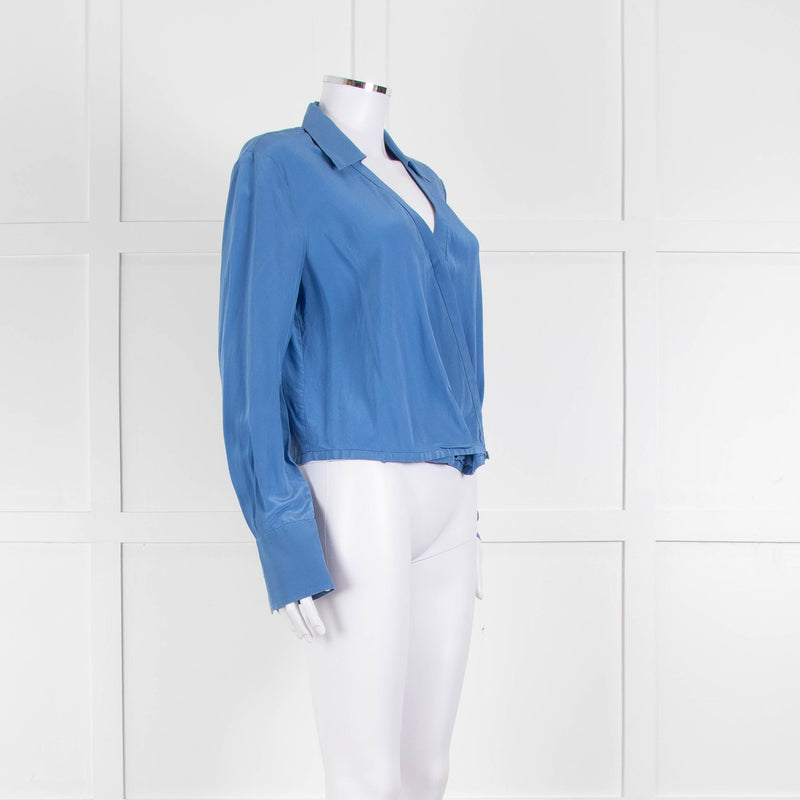 Diane Von Furstenberg Blue Silk Wrap Long Sleeve Top