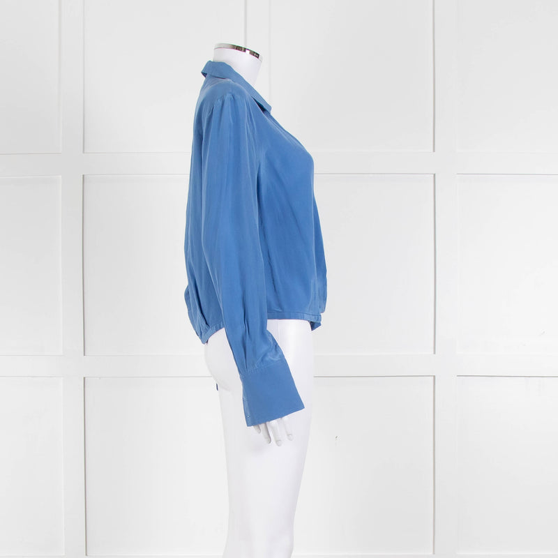 Diane Von Furstenberg Blue Silk Wrap Long Sleeve Top