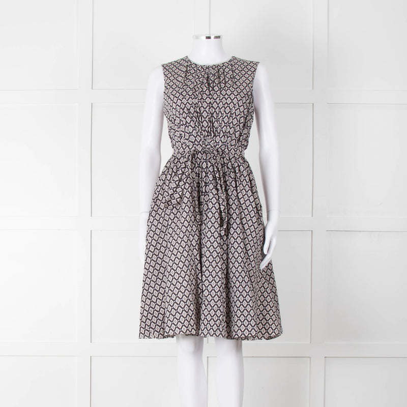 S Max Mara Light Grey Brown Diamond Print Cotton Belted Sleeveless Dress