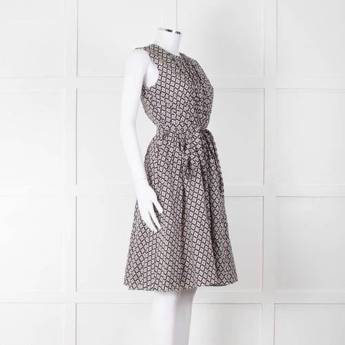 S Max Mara Light Grey Brown Diamond Print Cotton Belted Sleeveless Dress