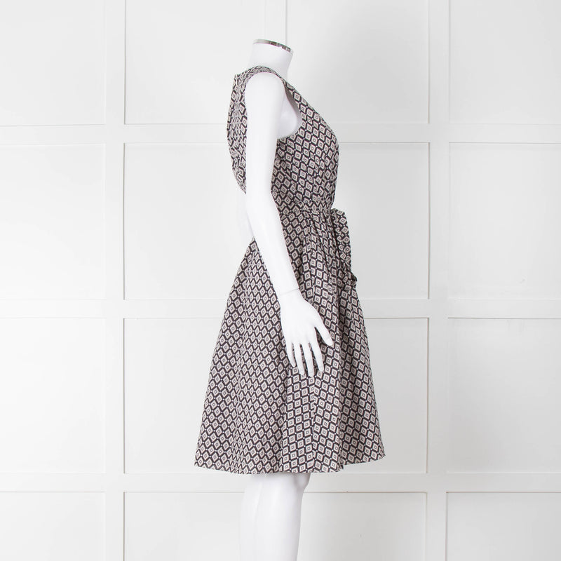 S Max Mara Light Grey Brown Diamond Print Cotton Belted Sleeveless Dress