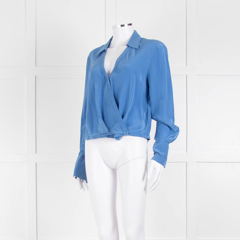 Diane Von Furstenberg Blue Silk Wrap Long Sleeve Top