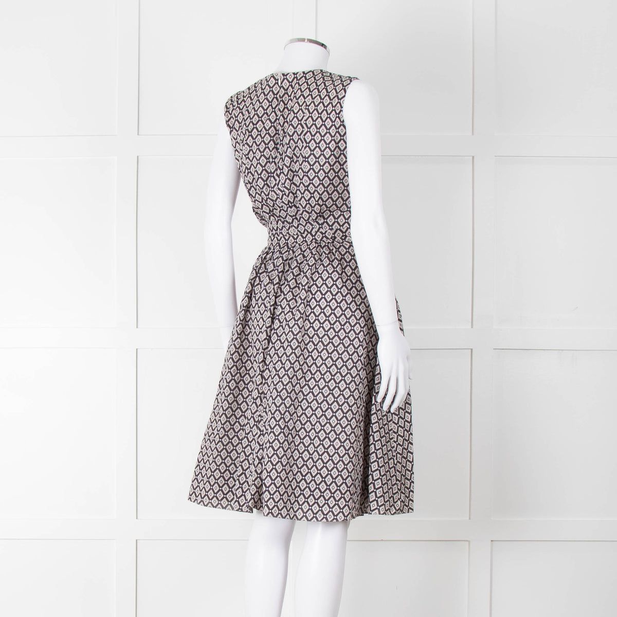S Max Mara Light Grey Brown Diamond Print Cotton Belted Sleeveless Dress