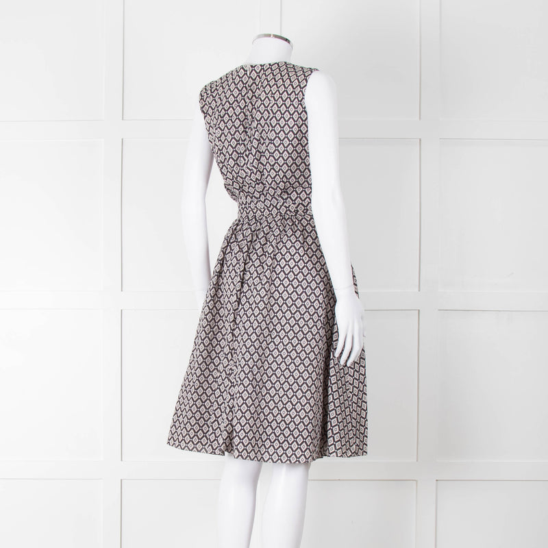 S Max Mara Light Grey Brown Diamond Print Cotton Belted Sleeveless Dress