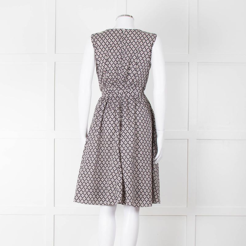 S Max Mara Light Grey Brown Diamond Print Cotton Belted Sleeveless Dress