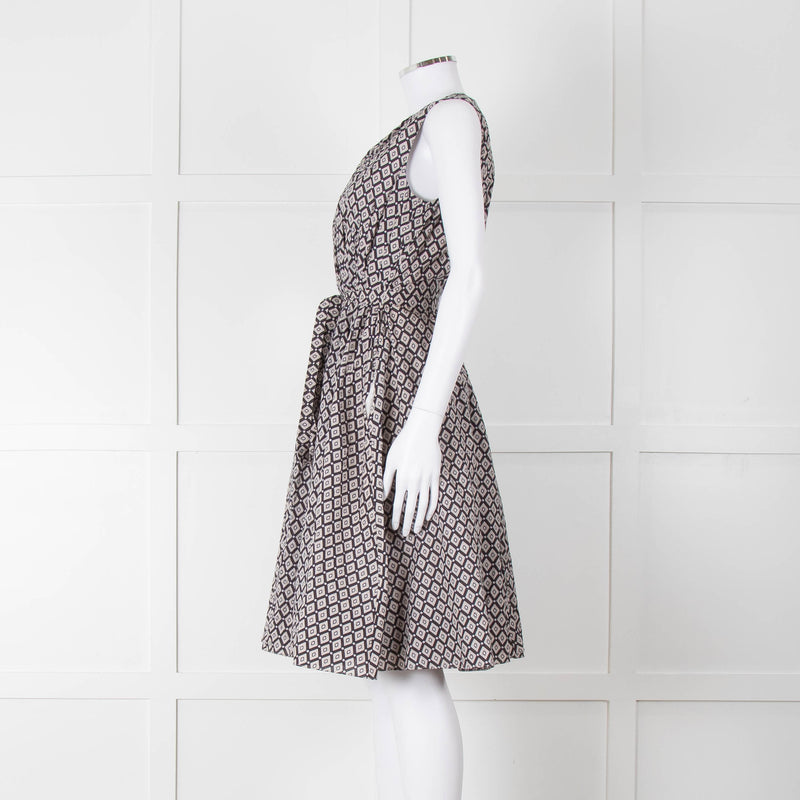 S Max Mara Light Grey Brown Diamond Print Cotton Belted Sleeveless Dress
