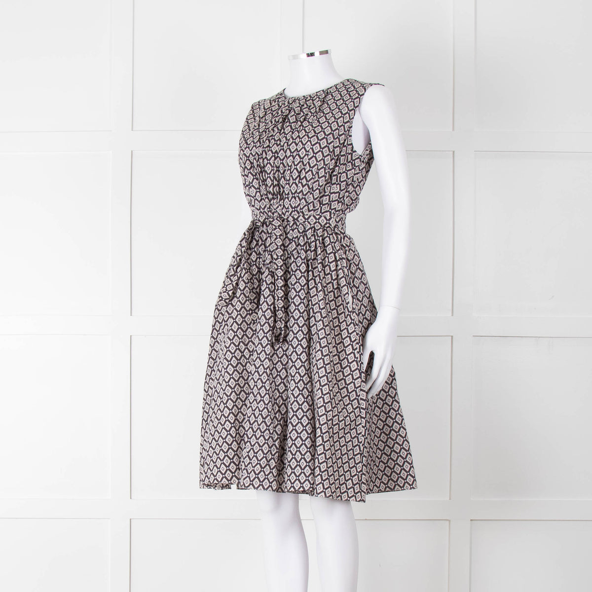 S Max Mara Light Grey Brown Diamond Print Cotton Belted Sleeveless Dress