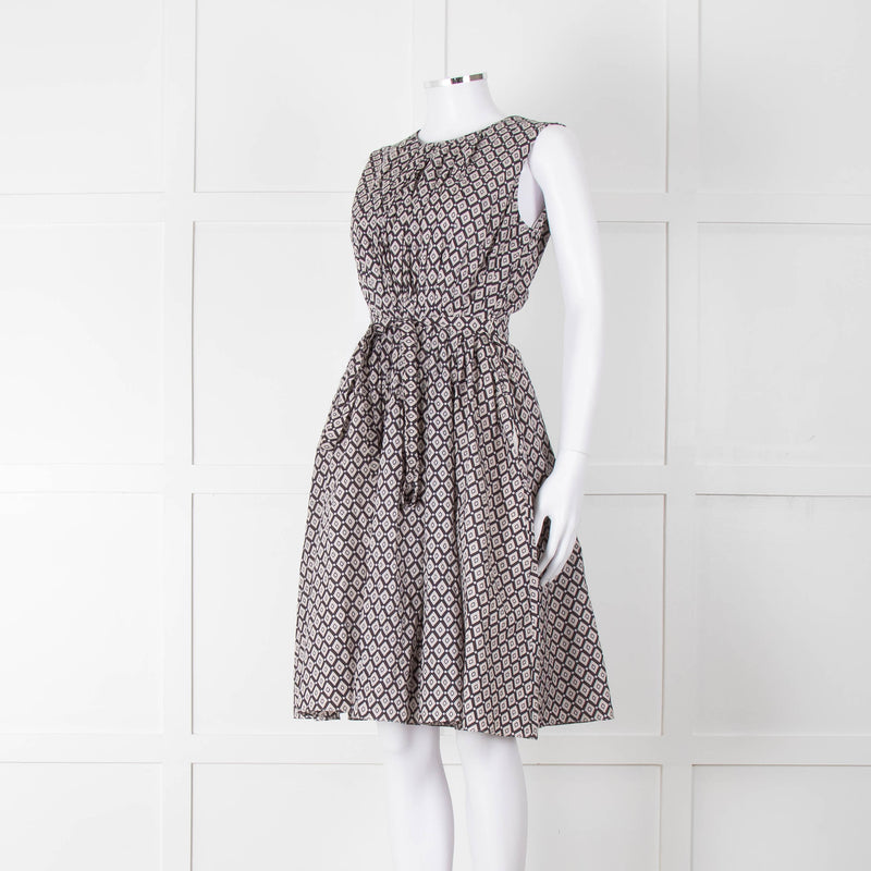 S Max Mara Light Grey Brown Diamond Print Cotton Belted Sleeveless Dress