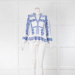 Hale Bob Blue and White Embroidered V Neck Blouse