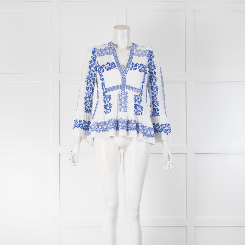 Hale Bob Blue and White Embroidered V Neck Blouse