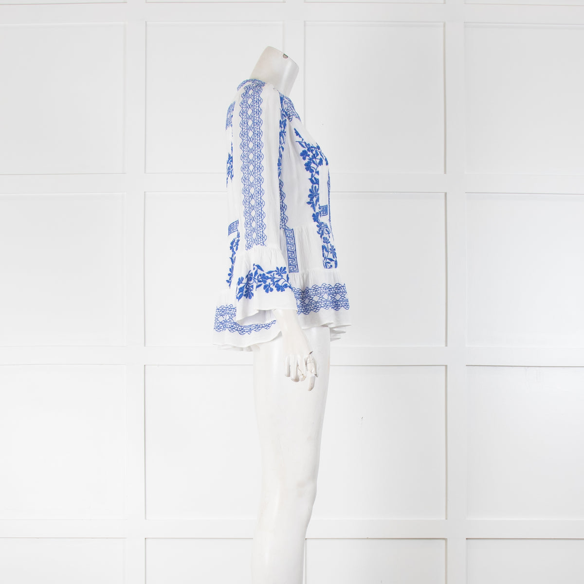 Hale Bob Blue and White Embroidered V Neck Blouse