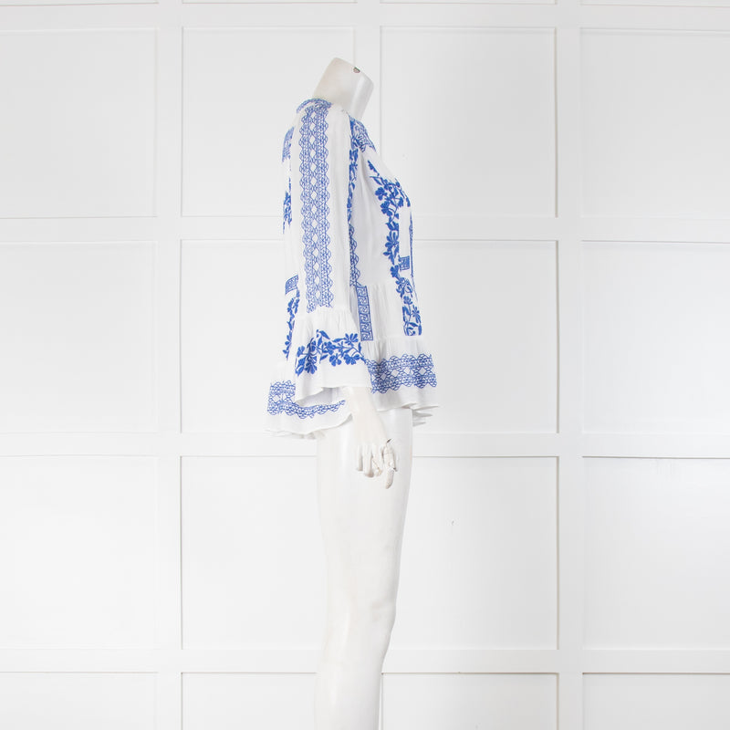 Hale Bob Blue and White Embroidered V Neck Blouse