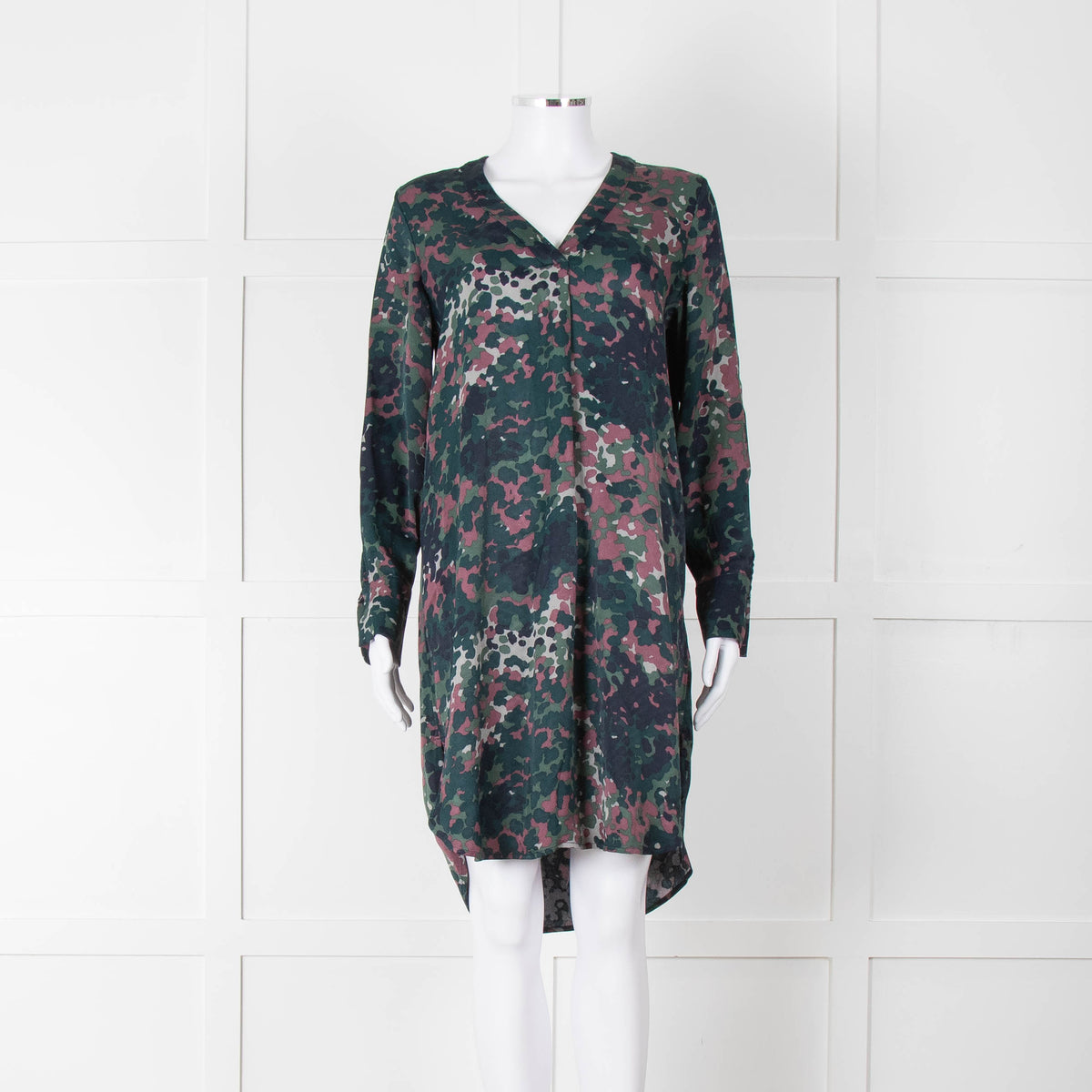 Samsoe Samsoe Green Purple Camouflage Sleeved V Neck  Dress