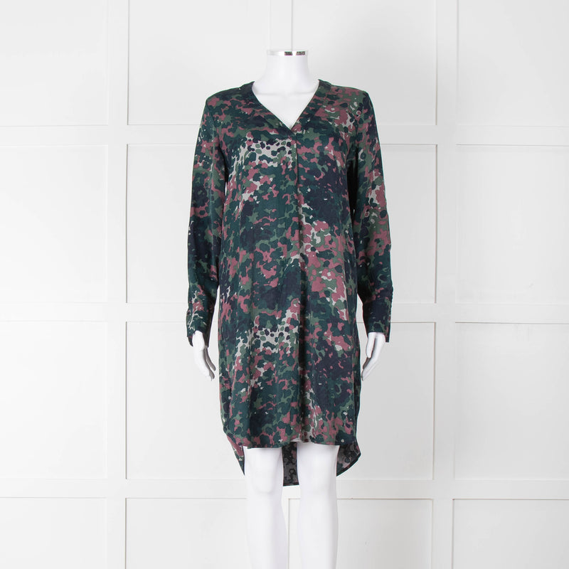 Samsoe Samsoe Green Purple Camouflage Sleeved V Neck  Dress