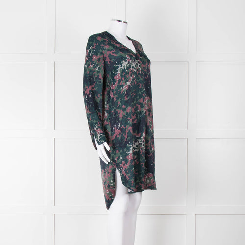 Samsoe Samsoe Green Purple Camouflage Sleeved V Neck  Dress