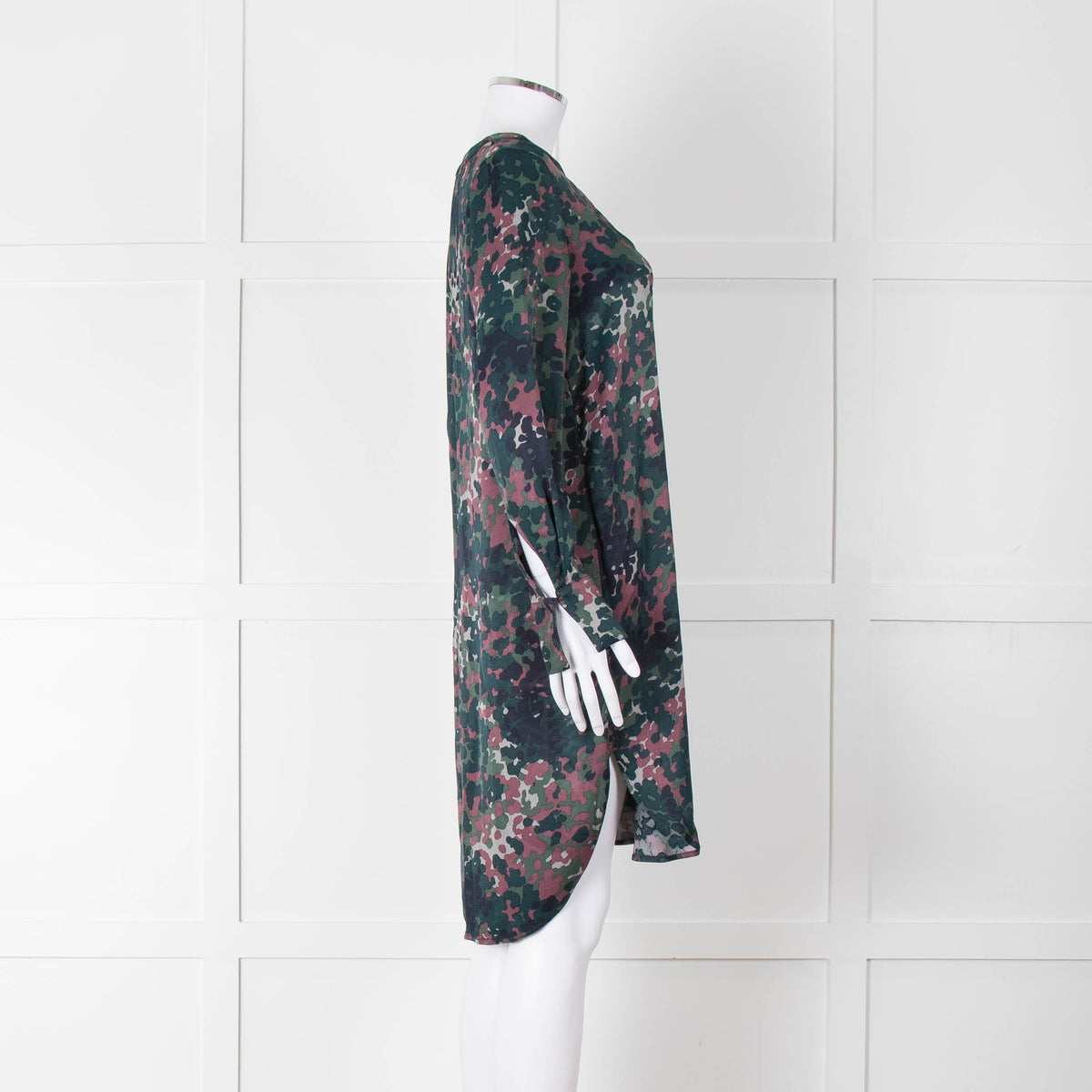 Samsoe Samsoe Green Purple Camouflage Sleeved V Neck  Dress