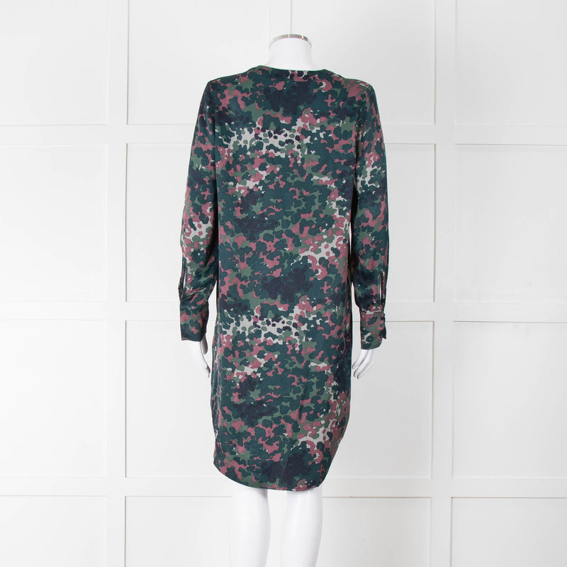 Samsoe Samsoe Green Purple Camouflage Sleeved V Neck  Dress