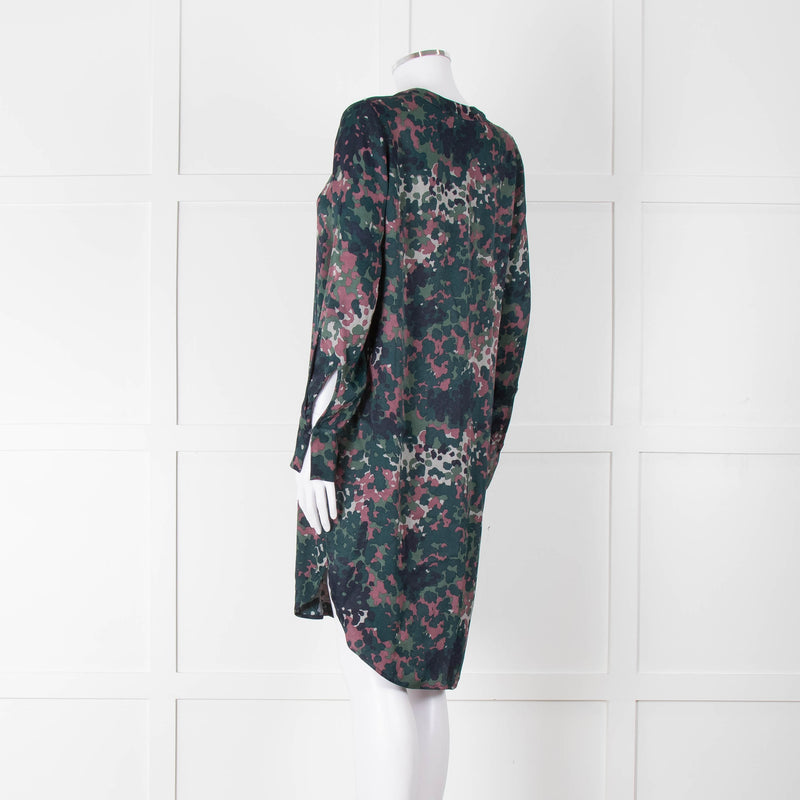 Samsoe Samsoe Green Purple Camouflage Sleeved V Neck  Dress