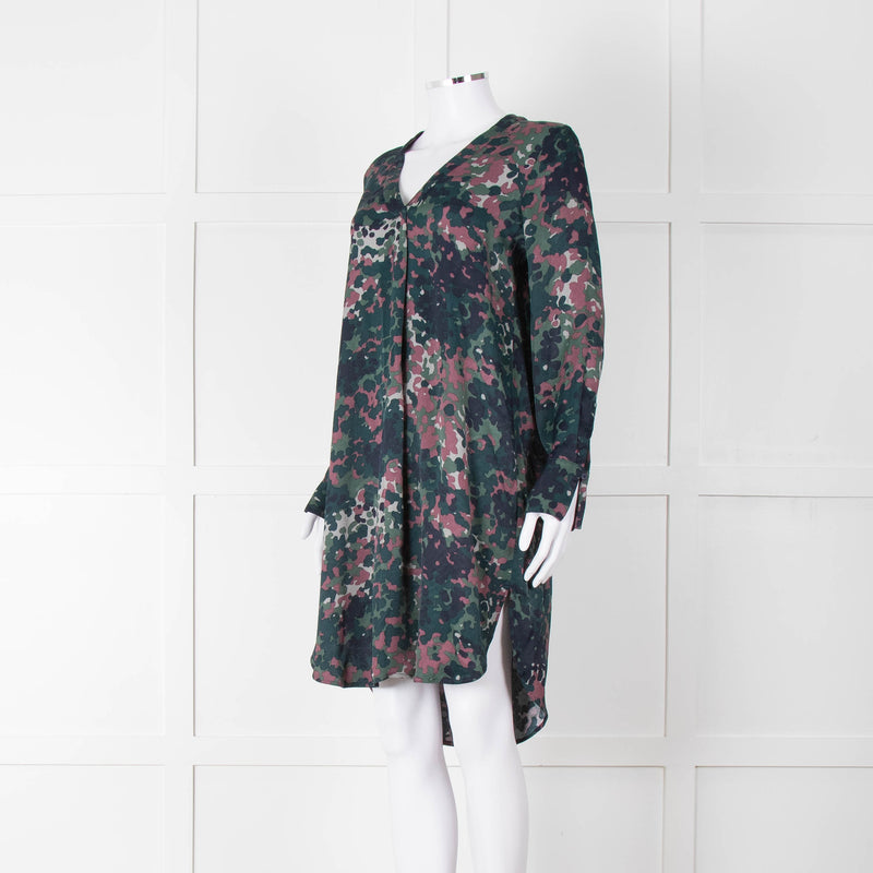 Samsoe Samsoe Green Purple Camouflage Sleeved V Neck  Dress