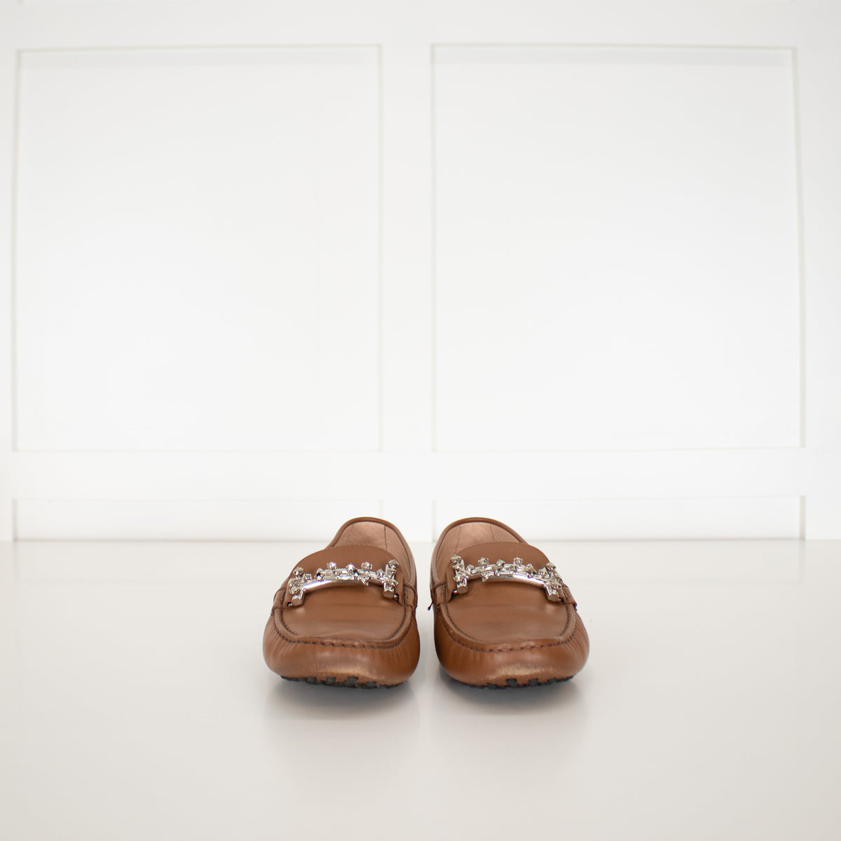 Tods Tan Leather Diamante Detail Loafers