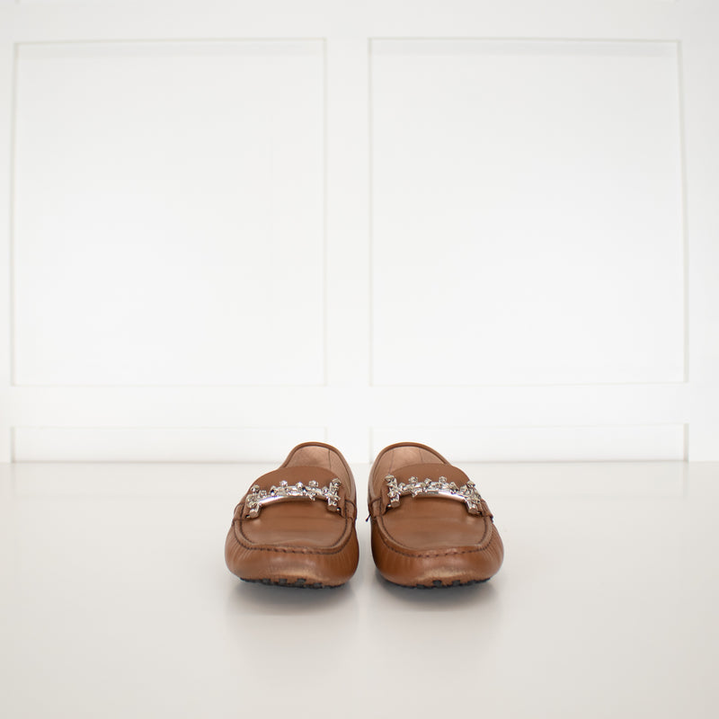 Tods Tan Leather Diamante Detail Loafers