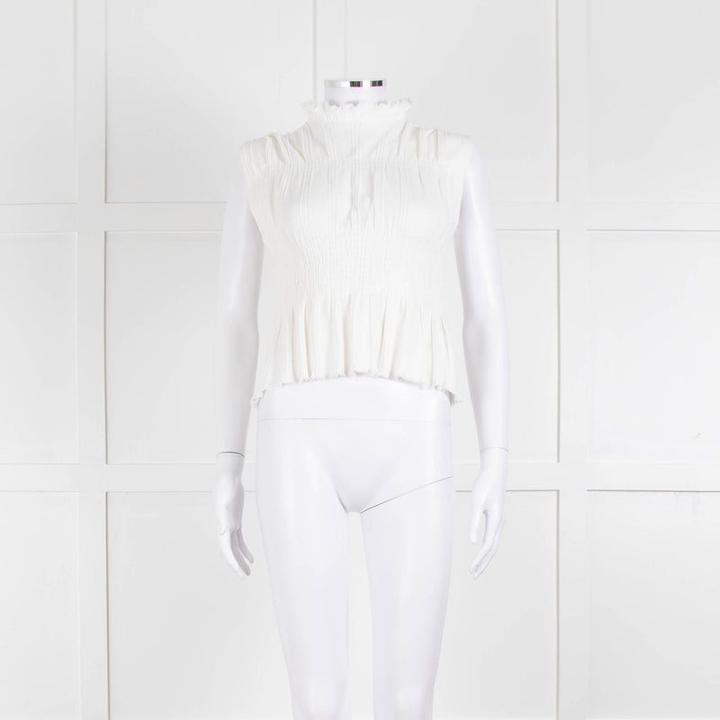 Sandro Cream Ribbed Gathered Sleeveless Top