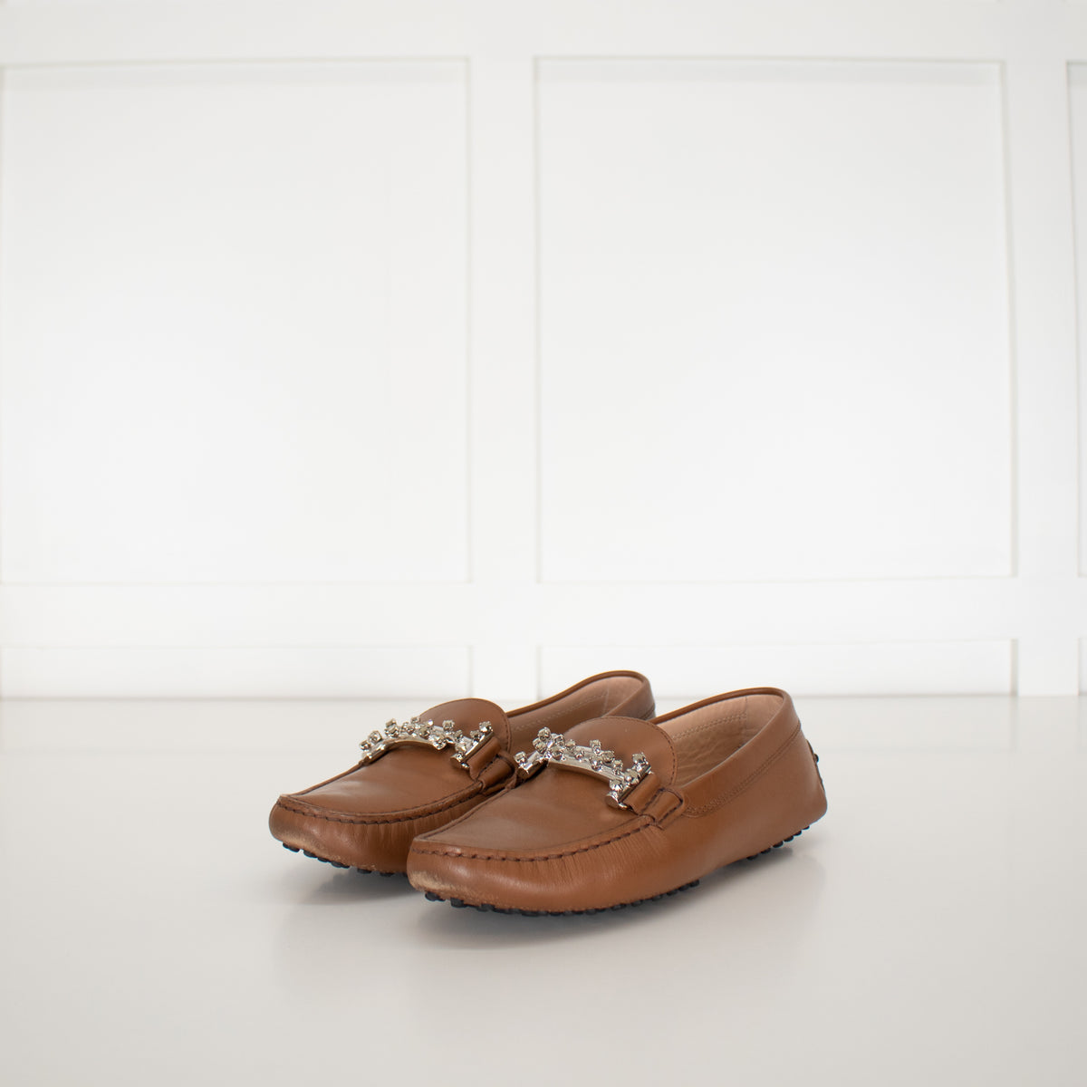 Tods Tan Leather Diamante Detail Loafers