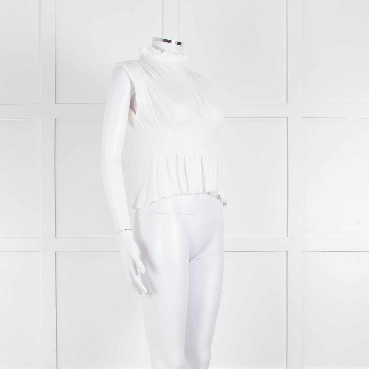 Sandro Cream Ribbed Gathered Sleeveless Top