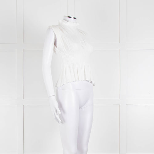Sandro Cream Ribbed Gathered Sleeveless Top