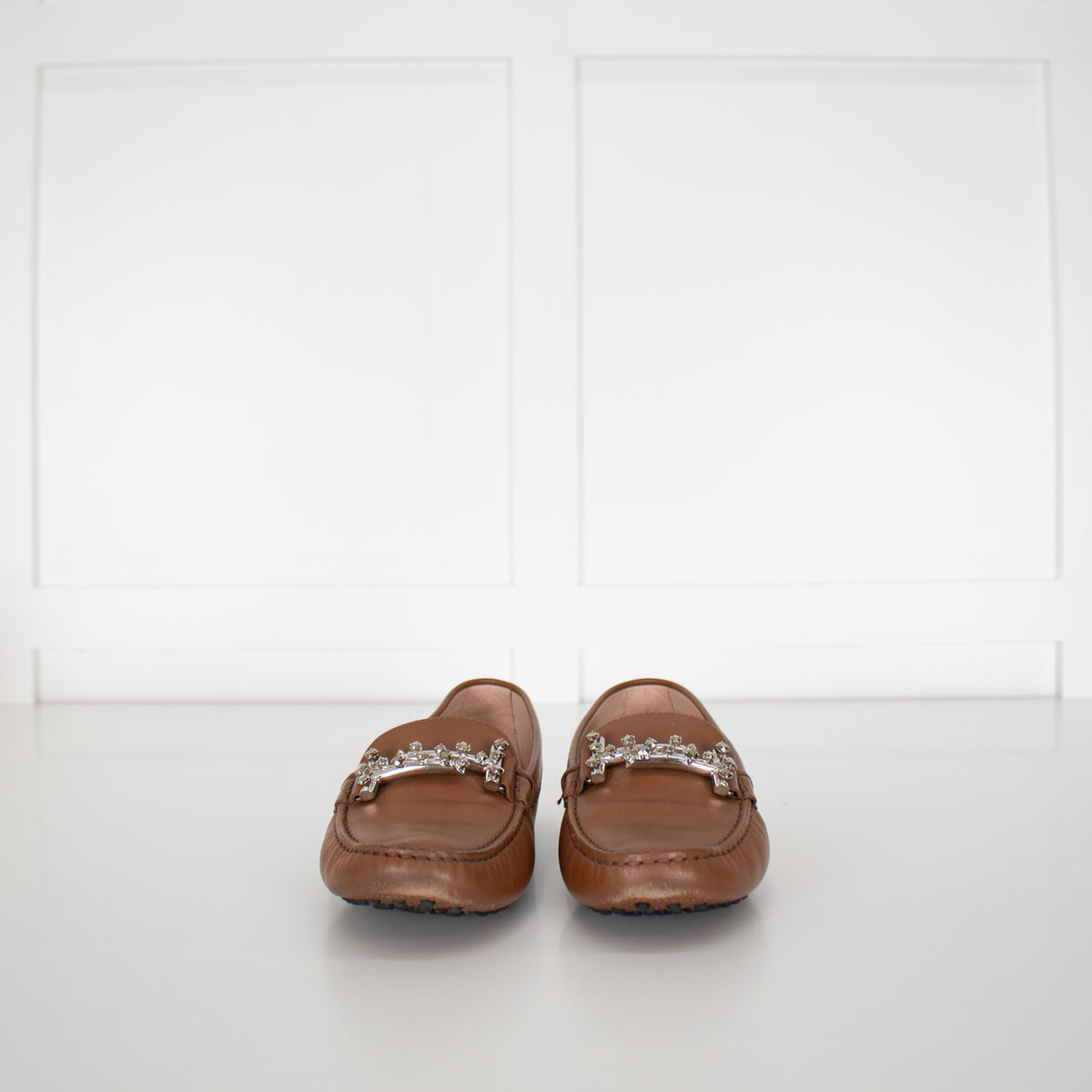 Tods Tan Leather Diamante Detail Loafers