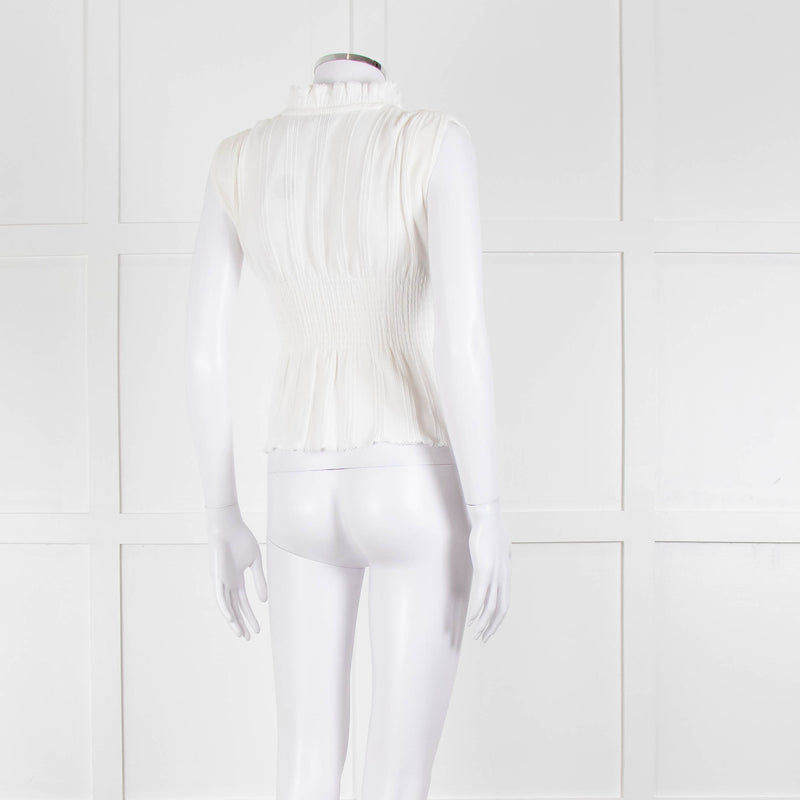 Sandro Cream Ribbed Gathered Sleeveless Top