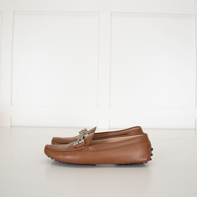 Tods Tan Leather Diamante Detail Loafers